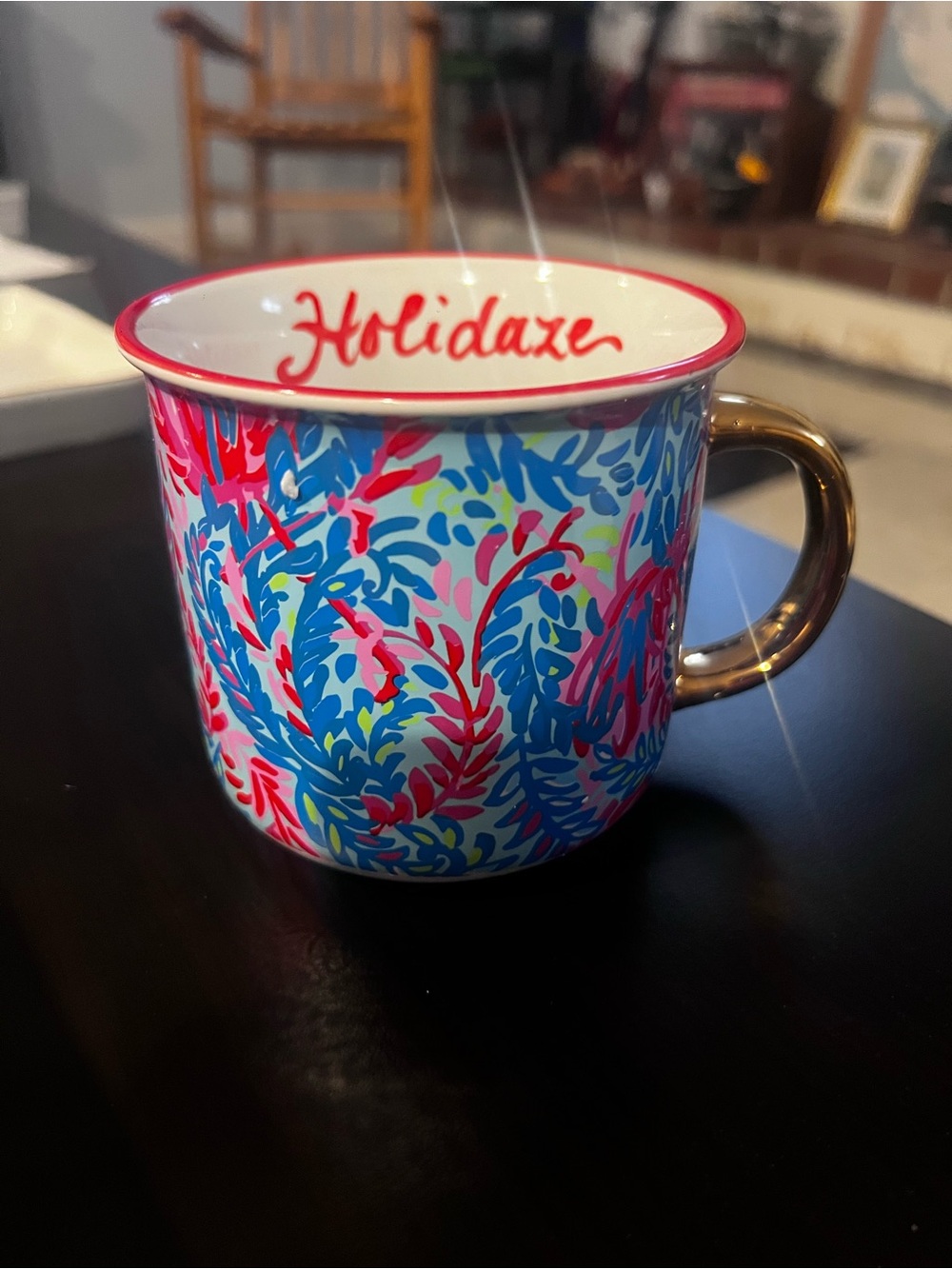 Lilly Pulitzer Blue, Pink & Red Holidayaze Ceramic Mug with Gold Handle